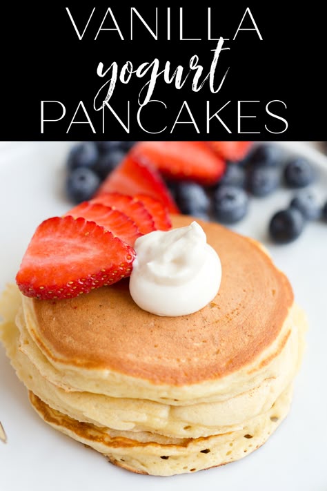 Vanilla Yogurt Pancakes are perfectly light and fluffy pancakes made with vanilla yogurt and are begging to be made for Sunday breakfast! #pancakes #breakfast #brunch @greenschocolate via @greenschocolate Vanilla Yogurt Pancakes, Pancakes Made With Yogurt, Uses For Vanilla Yogurt, What To Do With Vanilla Yogurt, Recipe With Vanilla Yogurt, Pancakes With Yogurt, Vanilla Yogurt Recipes, Greek Yogurt Pancakes Recipe, Yoghurt Pancakes