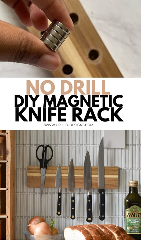 How to make a wooden DIY magnetic knife rack and attach to your kitchen tiles without having to drill into the walls. Knife Rack Diy, Wood Magnetic Knife Holder, Diy Wooden Magnetic Knife Holder, Magnetic Knives Holder, Kitchen Knife Holder Diy, Knife Wall Magnet, Wooden Magnetic Knife Holder, Wall Mounted Knife Holder, Knife Storage Diy