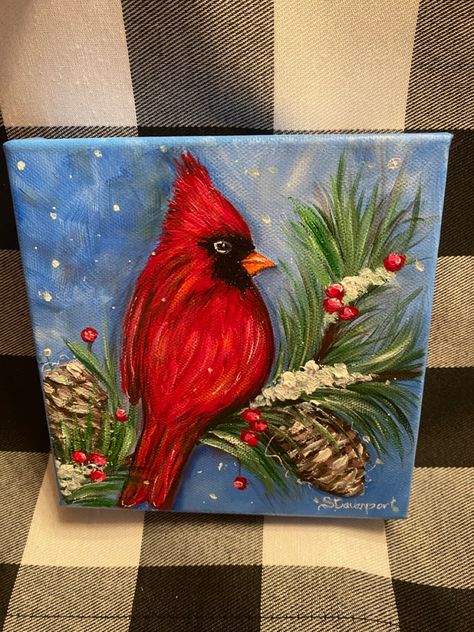 Red bird in the snow Painting Cardinals, Red Bird Painting, Class Painting, Cardinal Painting, Quick Art, Christmas Birds, Christmas Canvas Art, Animal Illustration Art, Christmas Cardinals