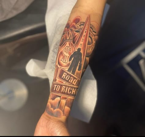 Road To Riches Tattoo Stencil, Road To Riches Tattoo Design, Money Chaser Tattoos, Road 2 Riches Tattoo, Paid In Full Tattoo, Quarter Sleeve Tattoo For Men Forearm, Half Sleeve Tattoos For Men Lower Arm, Rod Wave Tattoo Ideas, Hometown Tattoo Ideas