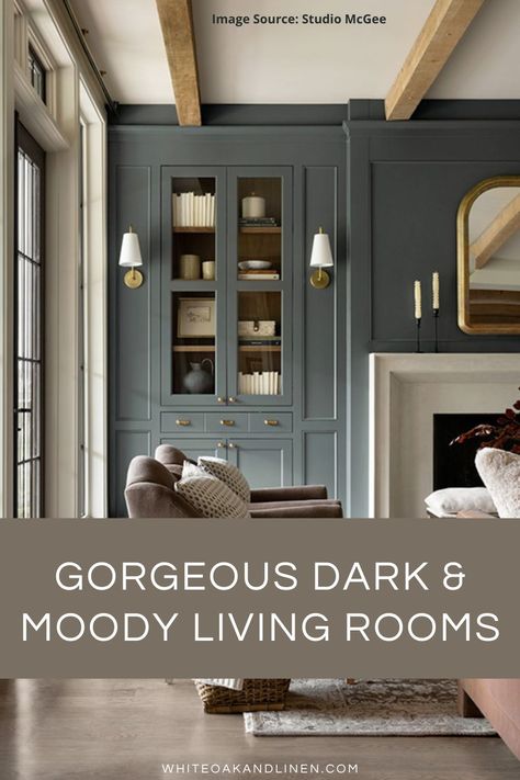 Accent Room Colors, Studio Mcgee Cottage, Waterloo Living Room, Dark Walls White Fireplace, Long Living Room Colour Ideas, Dark Green Wainscoting Living Room, Dark Living Room Cabinets, Green Room With Fireplace, Dark Room White Trim