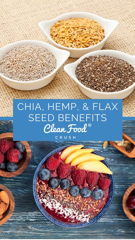 Health Benefits of Chia, Hemp, and Flax Seeds Flax Seed Benefits, Benefits Of Chia, Chia Benefits, Lost 100 Pounds, Healthy Food Facts, Clean Food Crush, Food Crush, Flax Seeds, Healthy Food List