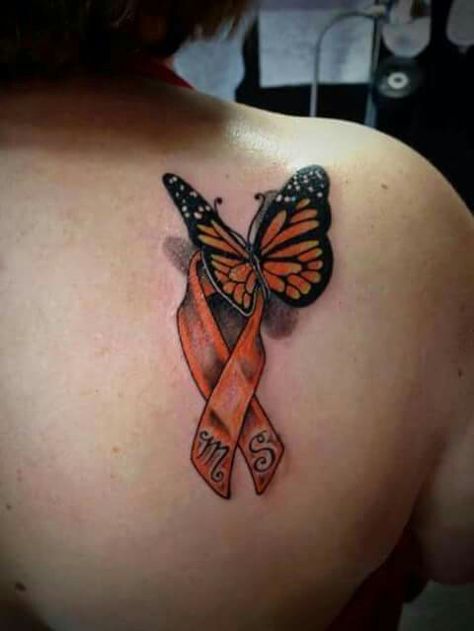 3D butterfly with orange ms ribbon Orange Ribbon Tattoo, Multiple Sclerosis Tattoo, Awareness Tattoo, Ribbon Tattoos, Brown Ribbon, Tattoo Designs For Girls, Orange Ribbon, Dainty Tattoos, Family Tattoos