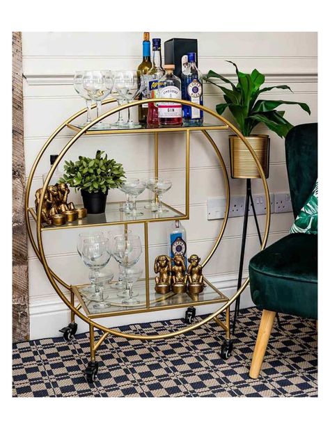 Large Round Drinks Trolley, Gold | Sue Ryder New Yorker Loft, Gold Drinks, Minimalistic Interior, Gold Bar Cart, Tea Trolley, Art Deco Interior Design, Drinks Trolley, Bar Cart Decor, Art Deco Home