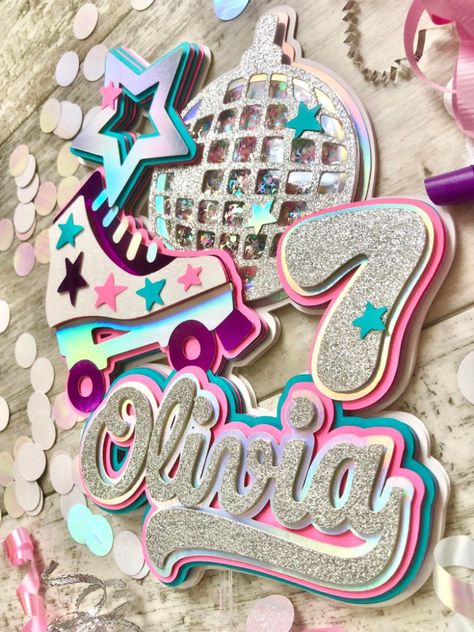 Complete your skater girls birthday with this luxuriously layered glitter shaker cake topper with a new retro cursive font!! Glitter inside of disco ball is black light activated/glow in the dark!! Please email beautifulchaosbanners@yahoo.com with inquiries. Follow link to order on Etsy!! Follow me on IG for more party inspo @beautifulchaosbanners. Retro Cursive Font, Disco Roller Skating, Roller Skate Birthday Party, Skate Birthday Party, Roller Skate Birthday, Shaker Cake Topper, Skate Birthday, Retro Roller Skates, Roller Skating Party