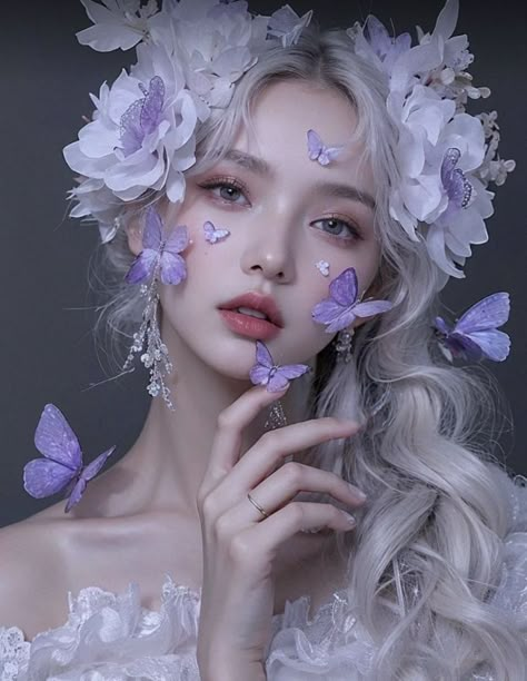 Butterfly Concept Photoshoot, Douyin Butterfly Makeup, Pose With Butterfly, Light Purple Makeup, Butterfly Oc, Butterfly People, Butterfly Cosplay, Butterfly Makeup, Pretty Butterfly