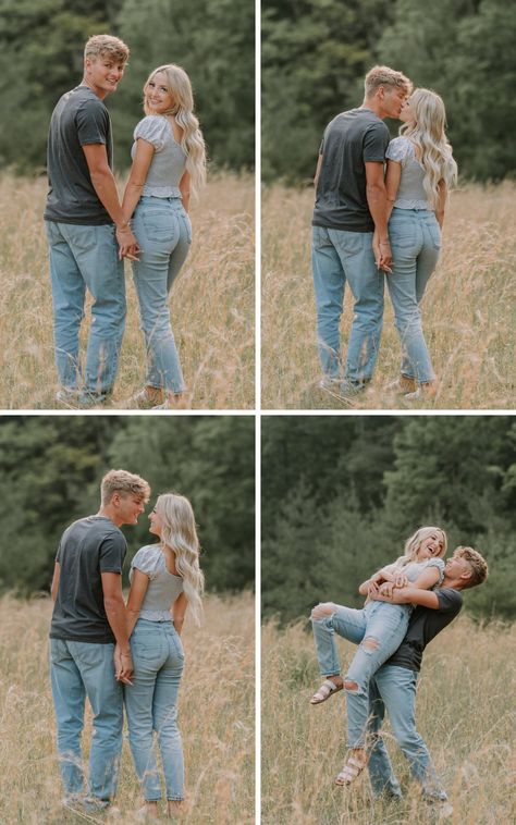 Check out the blog post to see 30+ more engagement photos in jeans like this! This couple’s meadow session is simple and sweet, perfect for a laid-back vibe.  She’s styled light-wash fitted jeans with a cropped puff-sleeve top for a soft, feminine look. Her white strappy sandals keep it breezy and perfect for summer. He pairs medium-wash jeans with a charcoal gray t-shirt and sneakers, creating a relaxed yet coordinated style.  The natural grassy field and playful poses add to the effortless charm, making this a great choice for couples who want casual, romantic photos in nature. Photos by Vince Ha Photography Casual Family Photo Outfits Jeans, Easy Couple Photo Poses, Insta Poses Couple, Cute Poses With Boyfriend Picture Ideas, Engagement Photos Jeans Casual, Couple Shoot Poses Romantic Photo Ideas, Engagement Picture Poses Outdoors, Couple Photo Shoot Outfit Ideas, Jeans Couple Photoshoot