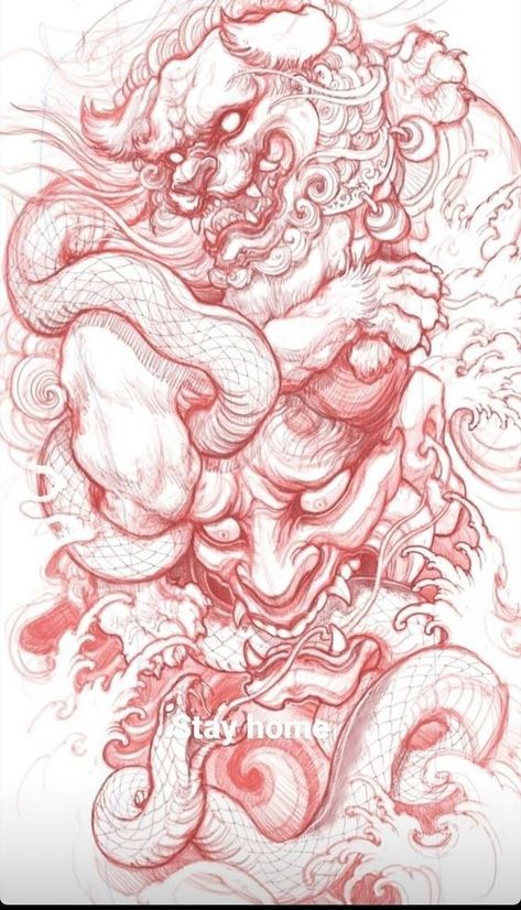 Japanese Guardian Lion Tattoo, Neo Japanese, Japanese Foo Dog, Foo Dog Tattoo Design, Underarm Tattoo, Hexagon Tattoo, Tiger Tattoo Sleeve, Foo Dog Tattoo, Koi Tattoo Design