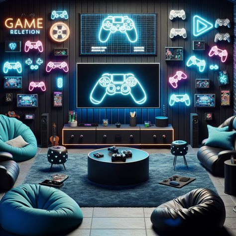 Immerse yourself in a gamer-styled man cave with a colossal flat-screen TV amidst modern and retro consoles. Sink into plush gaming chairs or cool bean bags under neon game-controller lights. Refuel at your snack station or mini-fridge in a room painted with hues of black and electric blue. #GameRoom #ManCave #GamerStyle #RetroGaming #GameConsole #GameChairs Cool Bean, Neon Game, Cave Design, Man Cave Living Room, Gaming Lounge, Cool Bean Bags, Small Game Rooms, Man Cave Design, Snack Station