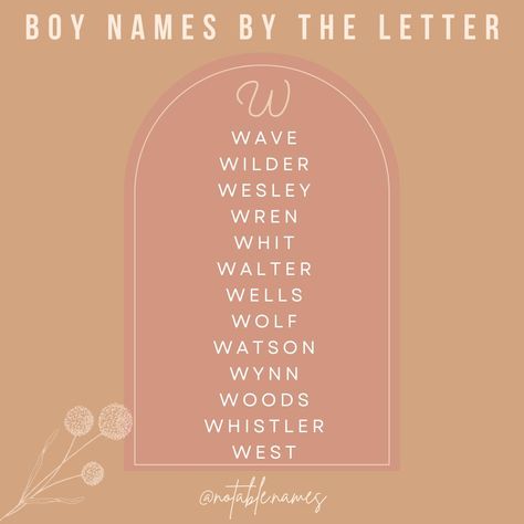 This post is brought to you by the letter W. I've put together a selection of my favourite boys names that start with W. I love that there are gender neutral names, nature names, vintage names and even some whimsical names on this list, and I like it even better when they intersect, like a whimsical nature name or vintage word name. We're never just one thing, and neither are names! Did your fave W name make the list? #names #boynames #babynames #babyboynames #babynameideas #babynamesugges... Country Kid Names, W Baby Names, Names Nature, Whimsical Names, Name Ideas For Characters, Neutral Names, Sims Names, Nature Names, Boys Names