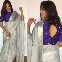 Silver Sari Blouse Design, New Silk Saree Blouse Designs, Saree Blouse Styles 2023, Semi Silk Blouse Design, Semi Silk Saree Blouse Designs, Blouse Designs For Transparent Saree, Grey Silk Saree With Contrast Blouse, Simple Silver Work Blouse Designs, Tissue Blouse Work Designs