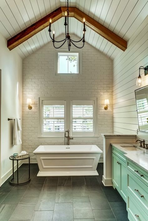 MASTER BATH: vaulted ceiling, wood beam accent, white brick, shiplap, mint cabinets, dark-wide floors Luxury Farmhouse Kitchen, Farmhouse Kitchen Decor Ideas, Farmhouse Trends, Modern Farmhouse Home, River City, Kitchen Decor Ideas, Luxury Homes Interior, Dream Bathrooms, Vaulted Ceiling