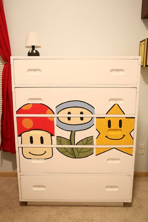 Mario Dresser, Super Mario Nursery, Mario Nursery, Mario Bedroom, Painting Chairs, Hand Painted Dressers, Dresser Ideas, Nursery Theme, Bedroom Dresser