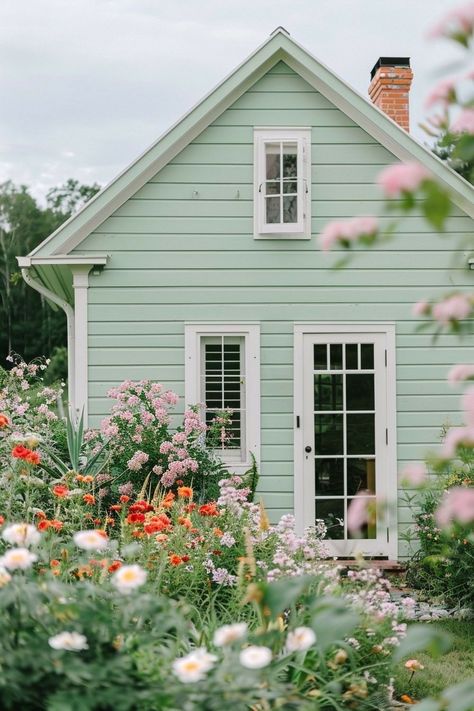 Mint Exterior House, Character Flower House Vibe, White Cabin Exterior, Motel Decor, Coastal Farmhouse Exterior, Light Green House, Green Home Exterior, Colorful Exterior, Mint House