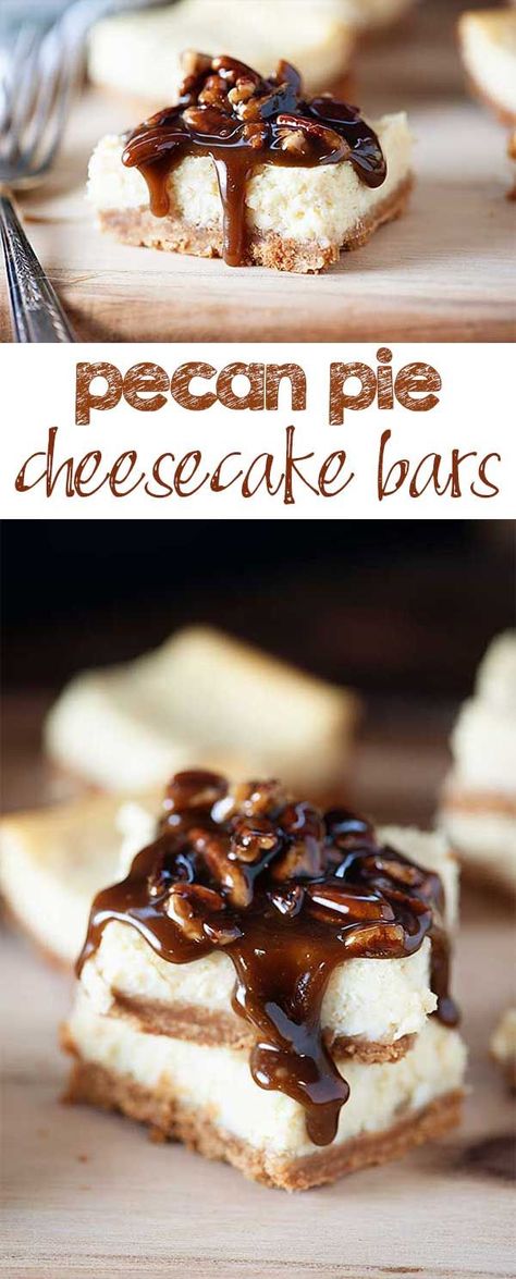 Pecan Pie Cheesecake Bars - creamy cheesecake with a thick, sweet pecan pie topping! Pecan Pie Topping, Pecan Pie Cheesecake Bars, Pecan Pie Cheesecake Recipe, Pie Topping, Buns In My Oven, Pecan Pie Cheesecake, Pie Cheesecake, Creamy Cheesecake, Cheesecake Bars