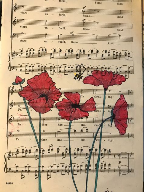 Flowers on music paper for journaling. PDF available. Art On Sheet Music, Painting On Sheet Music, Isabella Aesthetic, Sheet Music Artwork, Hymnal Crafts, Wildflower Decor, Book Page Flowers, Arts Month, Music Flower