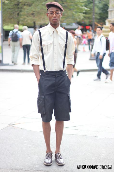 Brown hat and glasses, black suspenders and shorts, classic off-white shirt and silver brogues = perfect outfit Mens Suspenders Outfit, Suspender Outfits For Men, Suspenders Men Fashion, Shorts With Suspenders, Suspenders Outfit, Dapper Outfit, Campaign Shoot, Black Suspenders, Brown Hat