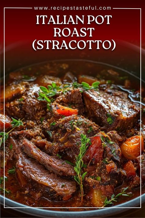 Italian Pot Roast, or Stracotto, is a traditional, hearty Italian dish made with tender beef slow-cooked in a rich broth with vegetables, tomatoes, and aromatic herbs. Perfect for a cozy family dinner, this comforting meal is easy to prepare and can be cooked in a slow cooker, oven, or on the stovetop. The result is a melt-in-your-mouth roast with savory flavors that pair wonderfully with mashed potatoes, polenta, or crusty bread. Slow Cook Pot Roast, Slow Cooker Holiday Recipes, Roast Beef Crock Pot Recipes, Italian Beef Stew, Italian Pot Roast, Crockpot Pot Roast, Perfect Pot Roast, Pot Roast Crock Pot Recipes, Slow Cooker Italian Beef