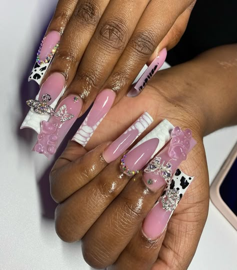 Cow print always eats🤍 . . . Dm to book!💖 @nailed.byjennie #longnails #squarenails #frenchnails #animalprintnails #blingnails #crocnails #nailsofinstagram #nailsoftheday #fresnonails #fresnonailtech #explorepage Fye Nails, Dope Nail Designs, Nail Sets, Acrylic Nails Coffin Pink, Animal Print Nails, Acrylic Nails Coffin, Nails Coffin, Bling Nails, Dope Nails