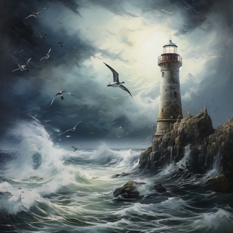 lighthouse, seagulls, stormy sea Boat On Stormy Sea, Stormy Sea Art, Lighthouse In Storm, Lighthouse In A Storm, Storm Lighthouse, Stormy Lighthouse, Lighthouse Paintings, Lighthouse Storm, Lighthouse Drawing