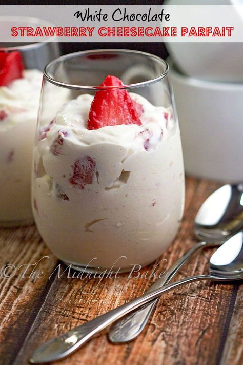 White Chocolate Strawberry Cheesecake Parfait | bakeatmidnite.com | #dessert #cheesecake #whitechocolate Strawberry Cheesecake Parfait, White Chocolate Strawberry Cheesecake, Easter Brunch Dessert, Strawberry Cheesecake Parfaits, Spanish Hot Chocolate, Favorite Deserts, Cheesecake Parfait, Guava And Cream Cheese, Chocolate Strawberry Cheesecake