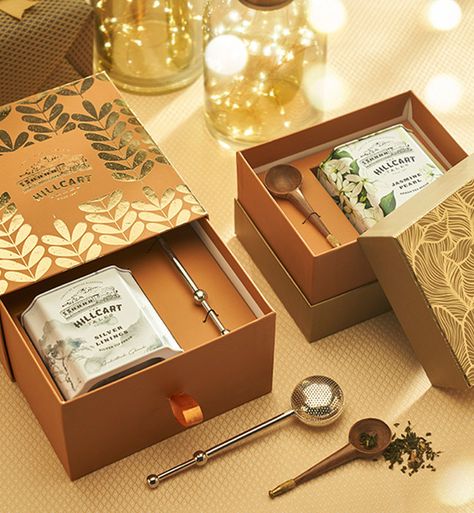 Tea Gift Packaging, Diwali Gift Box Photography, Tea Gift Box Ideas, Gift Box Photoshoot, Luxury Tea Packaging, Tea Hampers, Tea Gift Ideas, Coffee Label Design, Flavoured Tea