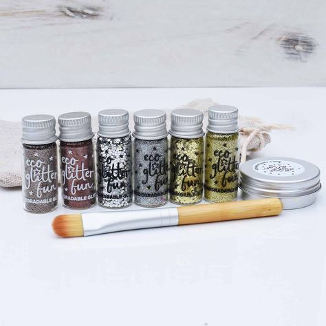 Biodegradable Glitter - Metallics Set | Peace With The Wild Organic Aloe Vera Gel, Biodegradable Glitter, Bamboo Brush, Metal Tins, Wet Wipe, Eco Friendly Gifts, Aloe Vera Gel, Drying Herbs, Gift Sets