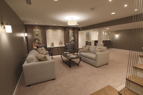 Beige Basement, Grey And Brown Basement Ideas, Brown Basement, Brown Basement Ideas, Carpeted Basement, Carpet Basement, Taupe Basement Walls, Lightwell Basement, Basement Colors Ideas