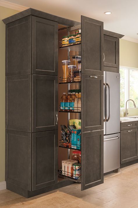 Accessible from both sides, the Tall Pantry Pullout Cabinet makes storing canned goods and kitchen essentials easier than ever. Deep Pantry Organization, Tall Kitchen Pantry Cabinet, Thomasville Cabinetry, Antique Kitchen Cabinets, Deep Pantry, Cabinet Tall, Tall Kitchen Cabinets, Tall Pantry Cabinet, Pull Out Pantry