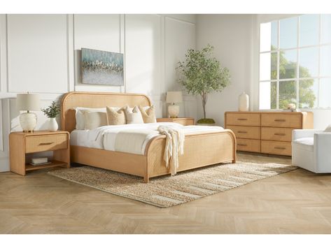 The Pauline Collection pairs rounded edges with rattan cane details for a look that is timeless. Pauline’s headboard and footboard showcase natural rattan, picture-framed by gently rounded wood. Each case piece echoes this design, with rounded corners and rattan drawer-fronts. The natural finish highlights movement in the ash veneer, complemented by subtle brushed brass hardware. Neutral Rattan Bedroom, Bedroom With Rattan Furniture, Cane Bedroom, Cane Dresser, Cane Nightstand, Rattan Bed Frame, Rattan Bedroom, Jojo Fletcher, Cane Bed