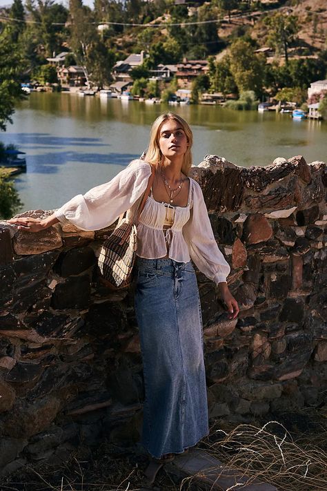 Come As You Are Denim Maxi Skirt | Free People Denim Skirt Boho Outfit, Greece Fashion Aesthetic, Summer In Spain Aesthetic Outfits, Long Linen Skirt Outfit, Santorini Outfit Ideas, Long Denim Skirt Outfit Summer, Santorini Outfits, Maxi Skirt Aesthetic, Santorini Outfit