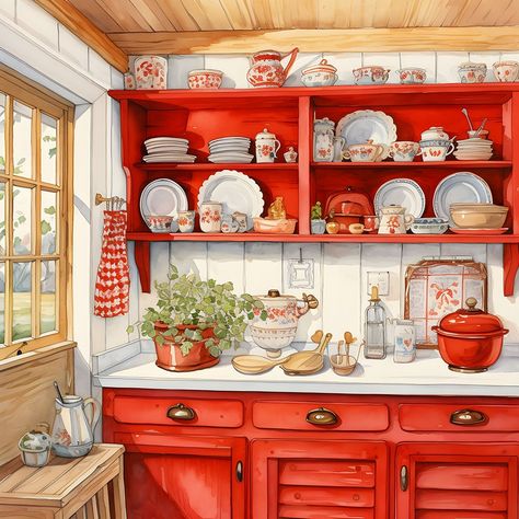 "Red Country Kitchen Clipart Bundle, 10 Vintage Watercolor images, great for all kinds of papercrafts. Use for junk journals, scrapbooking, wall art, invitations, cards and much more. These red country kitchen clipart images come in two sizes, 10\" x 10\" and 12\" x 12\". They also come in two formats, JPG and PDF. They are, of course, 300dpi. Just purchase and download to use them instantly. Enjoy the country charm of these inviting images, evoke the feel of a vintage farmhouse kitchen, warm with good cheer and good will." Red Gingham Kitchen, Red Country Kitchens, Eccentric Kitchen, Nostalgic Kitchen, Red Kitchens, Country Farm Kitchen, Orange Window, Kitchen Clipart, Art Invitations