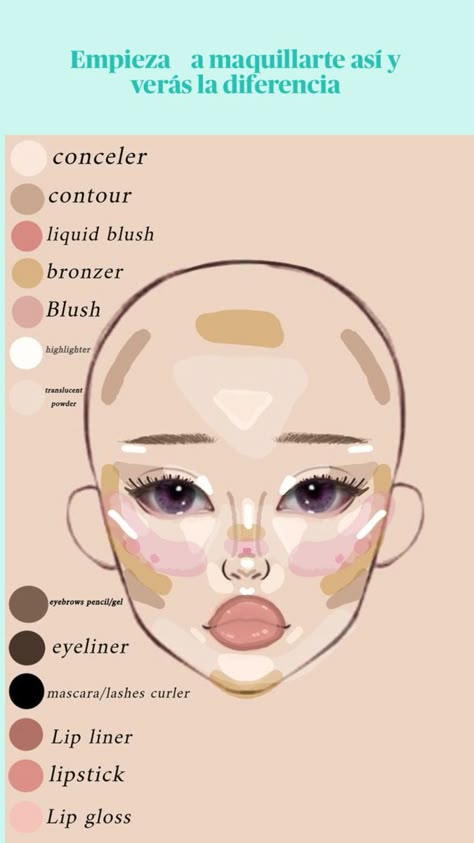 Makeup For Face Type, 90 Makeup Inspiration, Makeup Layout On Face, Where To Place Makeup On Face, Cute Makeup Looks For School, Tutorial Make Up, Where To Put Makeup On Face, Makeup Placement Face, Makeup Map