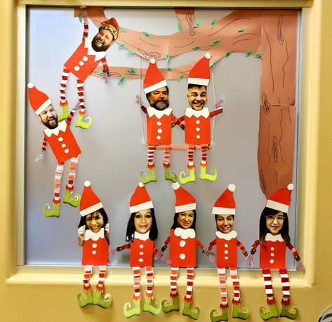 Elf Christmas Decorations Diy, Christmas Deco Classroom, Christmas Crafts For Nursing Home, Elf Christmas Door Decorations, Work Christmas Decorations Office, Christmas Classroom Decorations For Kids, Christmas Decoration For Office, Christmas Decor For Office At Work, Office Christmas Decorating Ideas For Work