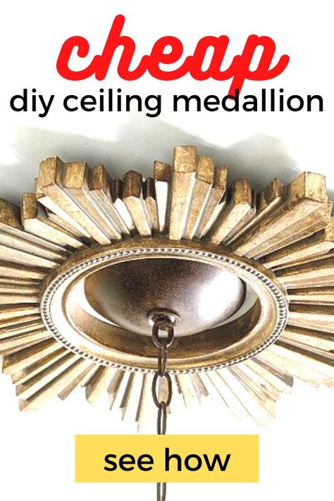 how to make a beautiful diy ceiling medallion for cheap. Repurpose a round mirror diy idea. Cheap and easy light fixture upgrade. #repurposemirror #lightfixtureupdatediy #diyceilingmedallion Round Mirror Diy, Diy Ceiling Medallion, Repurpose Mirror, Ceiling Medallions Diy, Ceiling Fan Medallion, Cheap Ceiling Ideas, Chandelier Makeover, How To Patch Drywall, French Country Chandelier