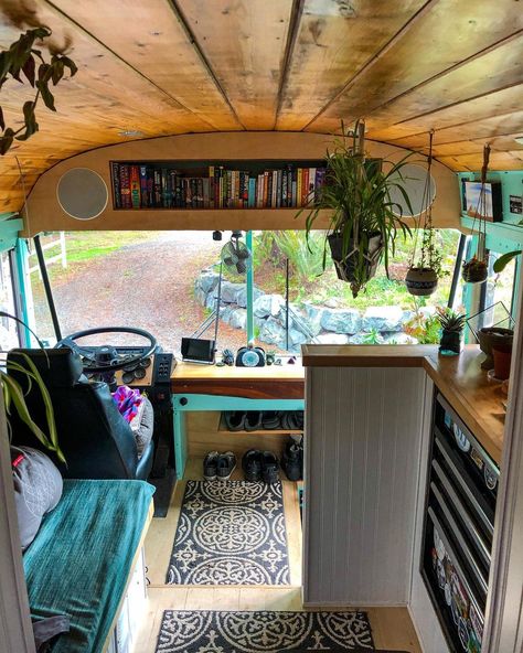 Living In A School Bus, Converted Rv, Bus Library, Bus Bedroom, Skoolie Living, Bus Renovation, Bus Decor, Skoolie Ideas, Bus Build