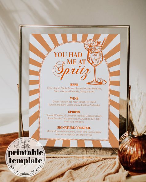 Get the party started with our chic Spritz Bar Menu template! Perfect for any occasion, from an Aperol Spritz Party to a Spritz Bachelorette. Customize with your signature cocktail list effortlessly for a refreshing twist.  ✅ INSTANT ACCESS ✅ EDIT ALL TEXT/FONT & FONT COLOR ✅ PRINT AT HOME OR PROFESSIONALLY ✅ PRINTING SERVICE 👉 https://bit.ly/3MzD1Zf ✅ RELATED ITEMS 👉 https://etsy.me/4b9V96Y ✅ DEMO 👉 https://www.corjl.com/d/LKFEM 𝐖𝐇𝐀𝐓 𝐈𝐒 𝐈𝐍𝐂𝐋𝐔𝐃𝐄𝐃? - Spritz Cocktail Bar Sign - 8x Spritz Party Theme, Aperol Spritz Party, Spritz Bachelorette, Thats Amore, Spritz Party, Love At First Spritz, Italian Spritz, Spritz Bar, Spritz Aperol