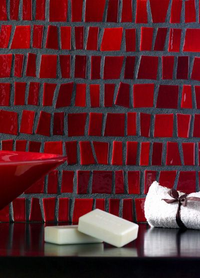 Murazzi mosaic tiles offer the fabulous colour and eastern flavour to create a chic vibrant surface. The hand-crafted Italian tiles run a rich range of tones for an interesting... Kitchen Planning, Beautiful Backsplash, Red Tiles, Mosaic Backsplash, Bathroom Red, Red Wall, Italian Tiles, Red Rooms, Red Kitchen