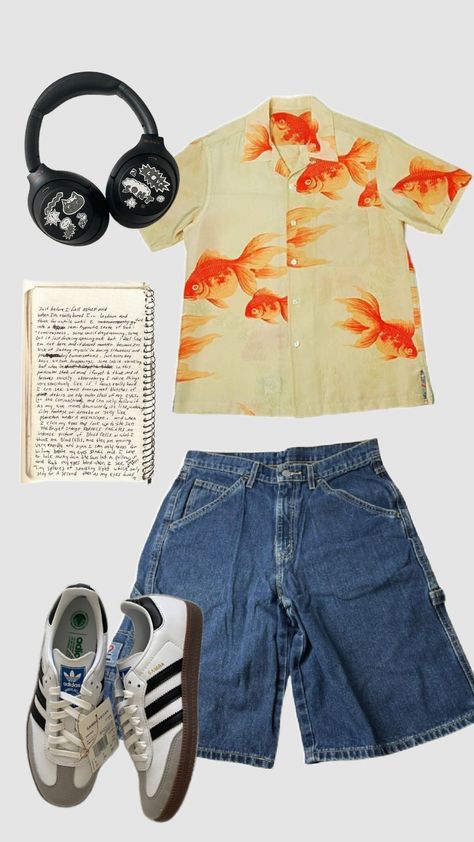 Guy Hawaiian Outfit, Hawaii Aesthetic Outfits Men, Tropical Outfit Ideas Men, Tropical Fits Men, Tropical Outfit Men, Tropical Streetwear, Tropical Outfit Ideas, It Boy Aesthetic, Cmbyn Summer