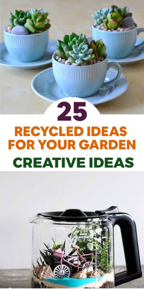 Enhance your garden with 25 innovative recycled concepts that offer both cost savings and environmental benefits! Turn used tires into charming flower planters to bring color and fun to your outdoor area. Repurpose glass bottles as a garden border or walkway, granting new purpose to common objects. Embrace recycling in your garden design to showcase originality and eco-friendliness. Let creativity and sustainability blend beautifully in your outdoor space! Recycled Garden Planter Ideas, Plant Diy Projects, Upcycled Plant Pots, Repurpose Glass Bottles, Recycled Garden Planters, Irrigation System Diy, Old Tea Pots, Repurposed Planter, Recycled Ideas