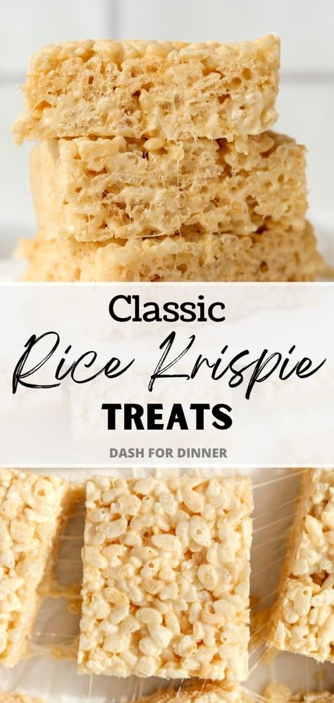 This easy recipe for Homemade Rice Krispie Treats is simply the best! Made with butter, marshmallows, cereal, and vanilla, this homemade cereal treat is a classic and a favorite with all age groups. This base recipe can be tweaked to add chocolate, peanut butter, sprinkles, and more! Traditional Rice Krispie Treats, Rice Krispie Treats With Big Marshmallow, Thick Rice Krispie Treats, Homemade Rice Krispies, Crispy Treats Recipe, Peanut Butter Rice Krispie Treats, Homemade Rice Krispies Treats, Rice Cereal Treats, Homemade Cereal