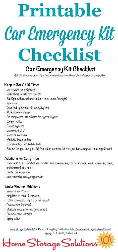 Free printable car emergency kit checklist with all the essentials you need to keep yourself and your family safe in case of emergency in the car {on Home Storage Solutions 101} #CarEmergencyKit #EmergencyPreparedness #CarOrganization Car Emergency Kit List, Car Care Checklist, Emergency Kit Checklist, Car Checklist, Emergency Prepardness, Car Emergency Kit, Emergency Preparedness Kit, Emergency Preparation, Car Essentials