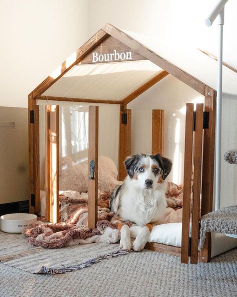 Pet Spaces In Home, Dog Bedrooms In House, Dog Bedrooms, Dog Bed Inspiration, Bed Under Stairs, Cat Mansion, Bed Inspiration, Wood Dog House, Dog Bedroom