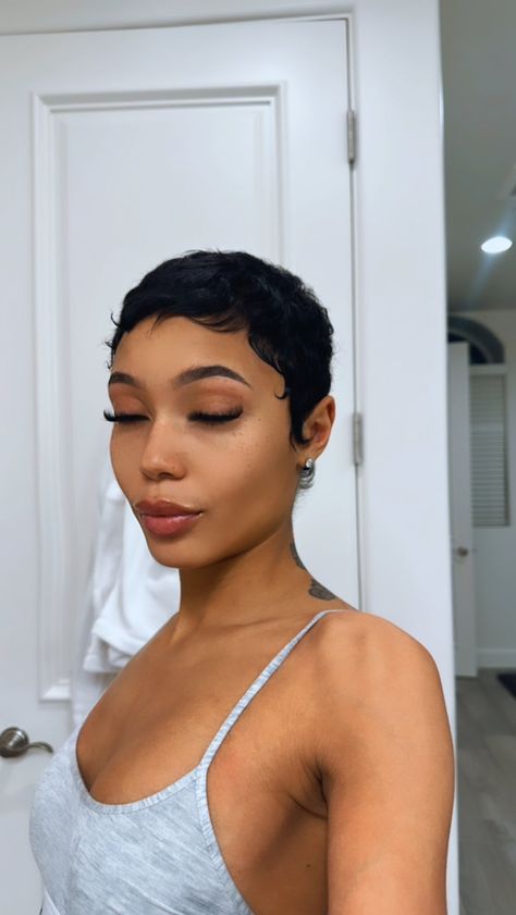 Pixie Haircut Color Ideas Black Women, Teyana Taylor Haircut, Round Face Haircuts Black Women, Coi Leray Short Hair, Big Chop Relaxed Hair, Coi Leray Pixie Cut, Jet Black Pixie Haircut Black Women, Black Woman Short Haircut Pixie, Low Pixie Haircut Black Women