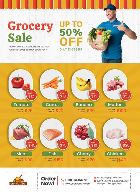 Supermarket Social Media Design, Grocery Store Flyers, Grocery Flyer, Vegetable Delivery, Fruit And Veg Shop, Catalog Design Layout, Grocery Ads, Magazine Layout Inspiration, Catalogue Layout