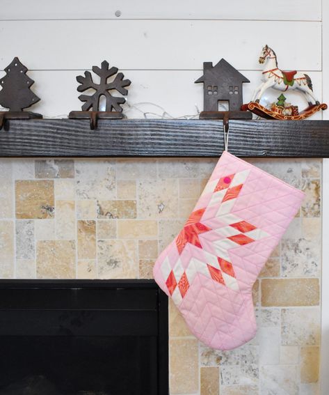 Modern stocking at home on the mantle Christmas Stockings Ideas Homemade, Quilted Stocking, Stocking Patterns, Mistletoe And Wine, Stocking Ideas, Frugal Christmas, Quilted Christmas Stockings, Tula Pink Fabric, Lone Star Quilt