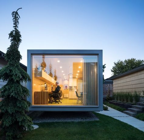 Windows, Picture Window Type, and Wood The floor-to-ceiling, triple-glazed wall overlooks the lawn and residence.    Photo 10 of 11 in A Shipping Container Turns Into a Backyard Architecture Studio Container Studio Ideas, Shipping Container Studio, Shipping Container Interior, Cabin Container, Container Studio, Container House Interior, Shipping Container Conversions, Shipping Container Office, Shipping Container Architecture