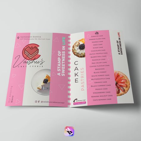 Brochure/Menu Design for Vaishus Cake Corner #brandidentity #brandlogo #logodesign #cakeshop #marketing #digitalmarketing #digitalmedia #cakelogo #vocalforlocal #shoplocal #madeinindia #onlinebrand #webdesigner #graphics #graphicdesigner #portfolio #logomockup #mockups #brochure #menucard #printmedia #cakecorner #bakers #instadesigners #professionallogo #mediaservices #mediaagency #professionalprints Cake Brochure, Banana Walnut Cake, Kitkat Cake, Cake Festival, Menu Card Design, Barbie Doll Cakes, Banana Walnut, French Bakery, Cake Logo