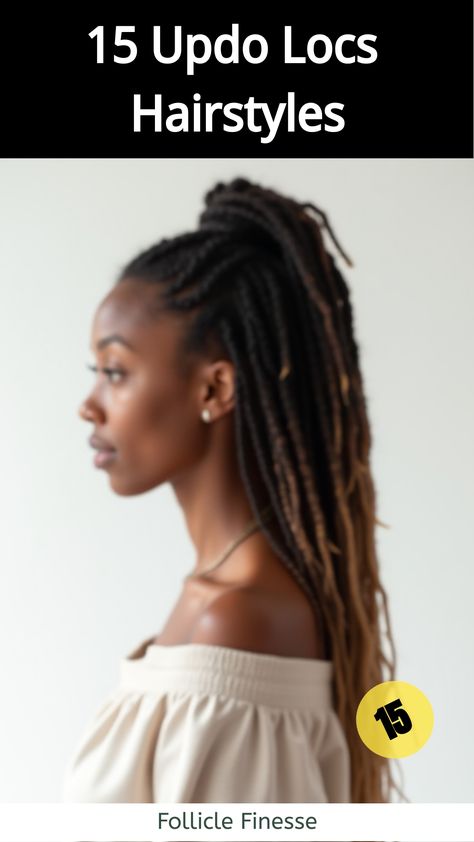 Updo Locs Hairstyles,Black woman with dreadlocks in a half-up, half-down hairstyle Hair Styles For Dreads For Women, Locs Hairstyles Half Up Half Down, Updo Locs Hairstyles, Loc Ponytail Styles Black Women, Loc Updo Styles Long, Updo Locs Hairstyles For Women, Half Up Half Down Loc Styles, Sisterlocks Updo, Locs Hairstyles For Women