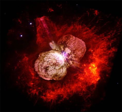 This apocalyptic image is the Hubble telescope's photo of the super massive star Eta Carinae. The spectacular expanding globular gas outburst around it is called the Homunculus (little man in Latin): Eta Carinae, Hubble Space Telescope Images, Nasa Hubble, Other Galaxies, Hubble Images, Hubble Telescope, Carina Nebula, Whirlpool Galaxy, Star Formation